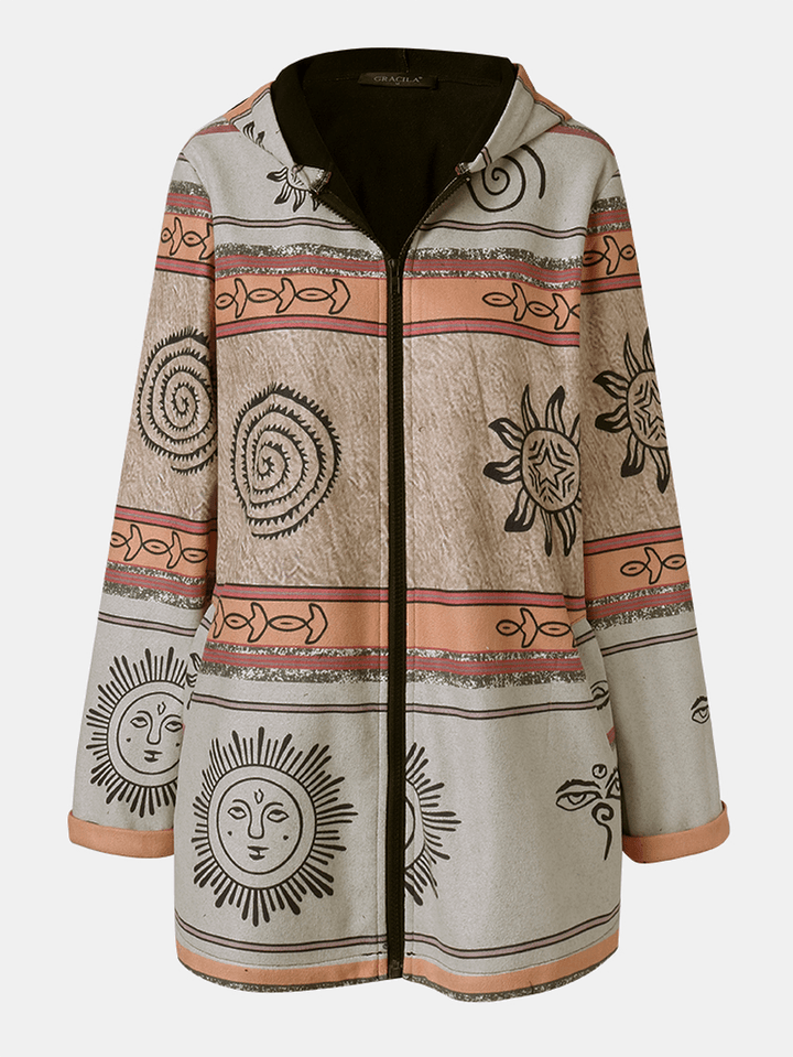 Women Celestial Print Zip up Ethnic Style Hooded Coats with Pocket - MRSLM