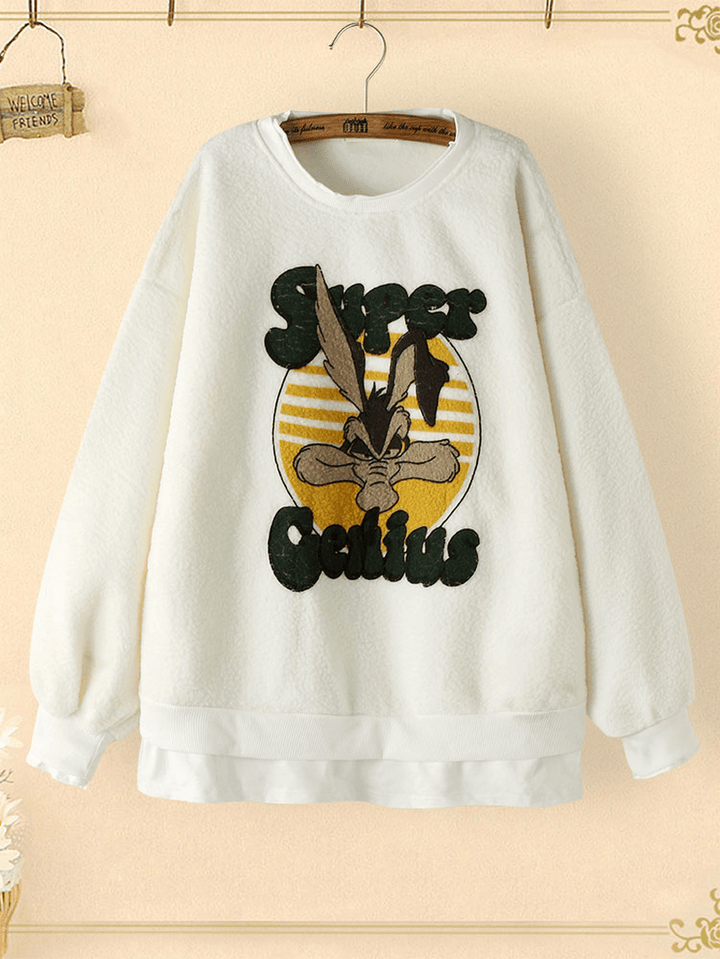 Cartoon Print Stitching Hem Teddy round Neck Casual Cute Sweatshirt - MRSLM