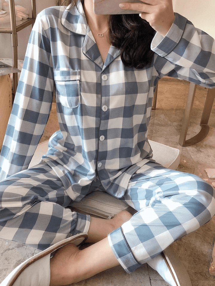 6 Patterns Womens Plaid Revere Collar Long Sleeve Loose Home Pajama Set - MRSLM