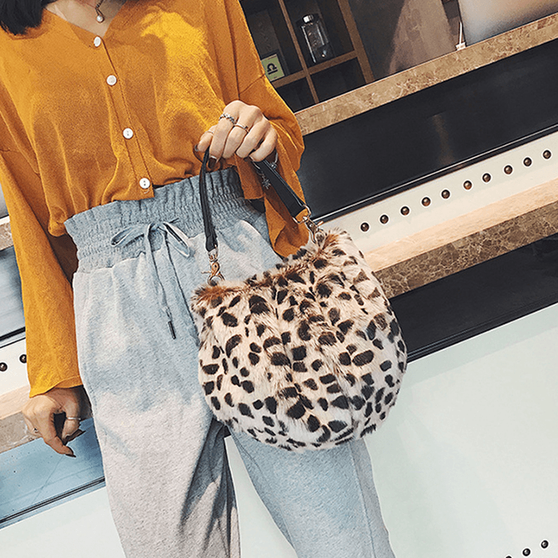 Women Leopard Plush Bag Cotton Bucket Handbag - MRSLM