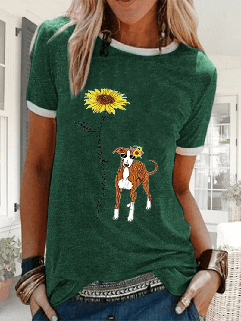 Cartoon Floral Dog Printed Short Sleeve Casual Loose T-Shirt - MRSLM