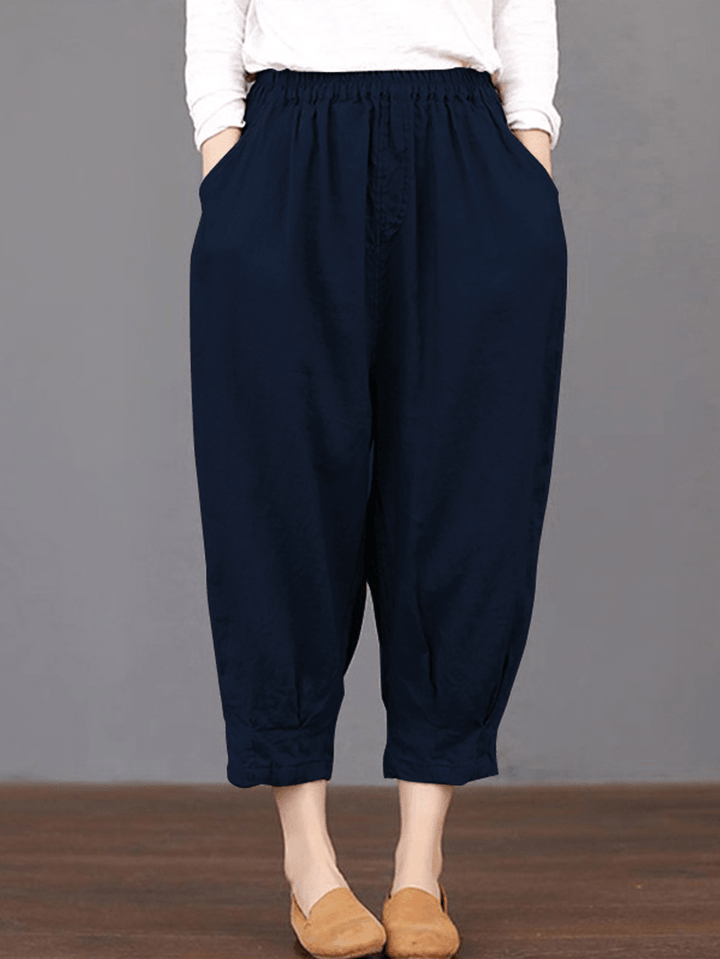 Women Solid Color Elastic Waist Loose Cotton Pants - MRSLM