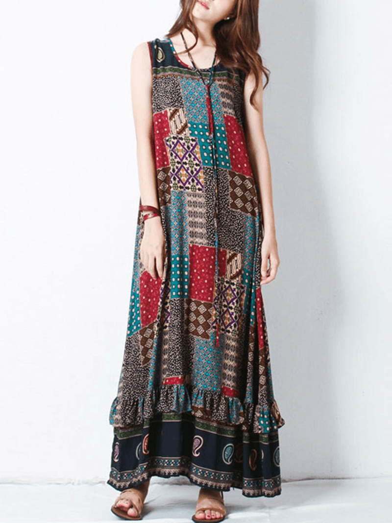 Bohemian Women Sleeveless O-Neck Printed Maxi Tank Dress - MRSLM