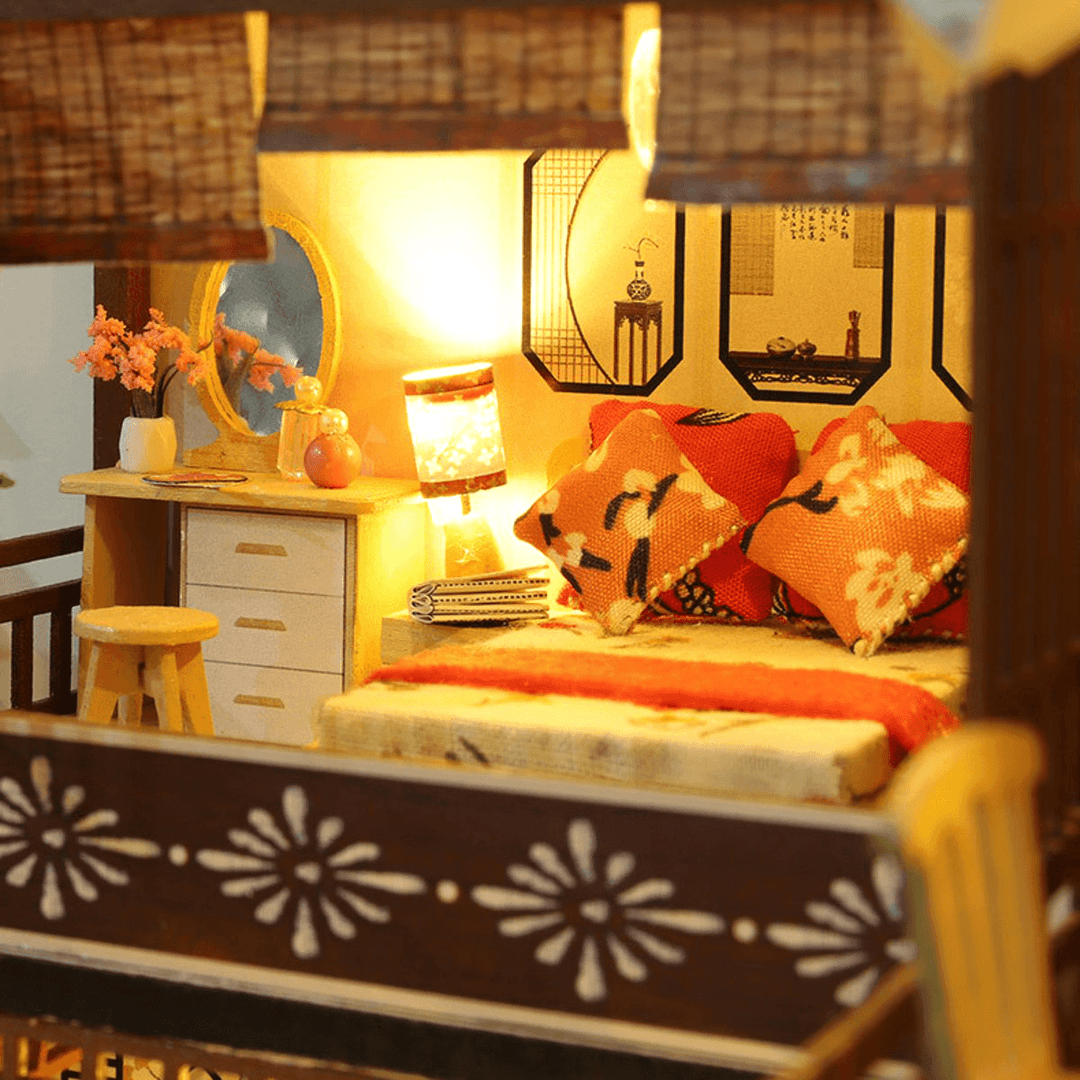 Wooden DIY Japanese Villa Doll House Miniature Kits Handmade Assemble Toy with Furniture LED Light for Gift Collection Home Decor - MRSLM