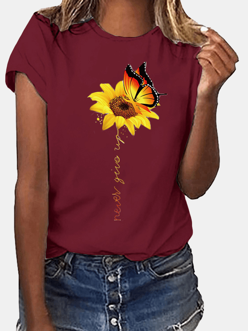 Sunflower and Butterfly Print Crew Neck Short Sleeves Casual Tee - MRSLM