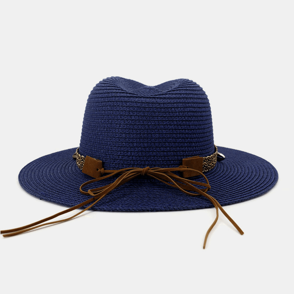 Unisex Sunscreen Travel Beach Sun Hat Elegant Seaside Wide Brim Jazz Hat Straw Hat - MRSLM