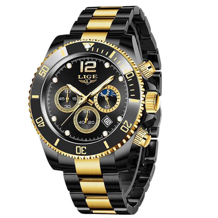 LIGE 8924 Business Casual Multifunctional Luminous Pointer with Small Dials Chronograph Stainless Steel Strap 3ATM Waterproof Men Quartz Watch Wristwatch - MRSLM