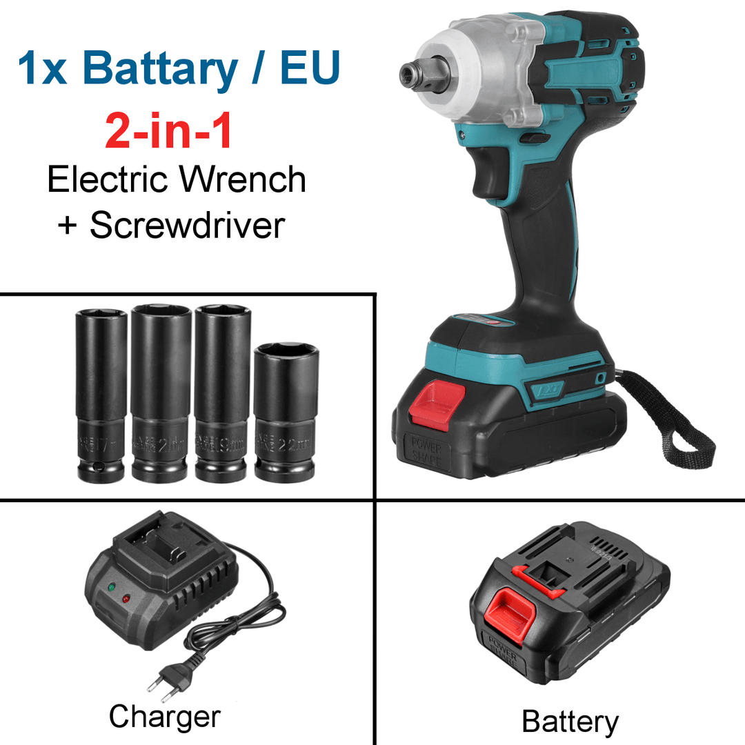 2 in 1 188VF 588N.M. Li-Ion Brushless Cordless Electric 1/2" Wrench 1/4"Screwdriver Drill W/ 1/2 Battery & 4 Sleeves - MRSLM