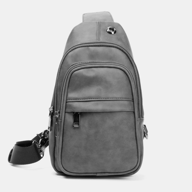 Men Solid Color Headphone Hole Design Multi-Pocket Chest Bag Casual Outdoor PU Soft Leather Wear Resistant Crossbody Bags Shoulder Bag - MRSLM