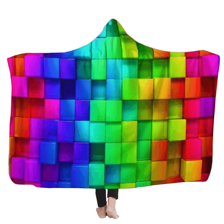 Warm 3D Colored Cubes Hooded Blankets Wearable Soft Towel Plush Mat for Adult Kid - MRSLM