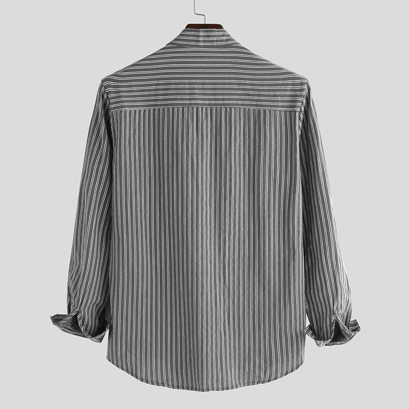 Mens Collarless Shirts Vintage Striped Shirt Grandad Button down Linen Loose Top - MRSLM