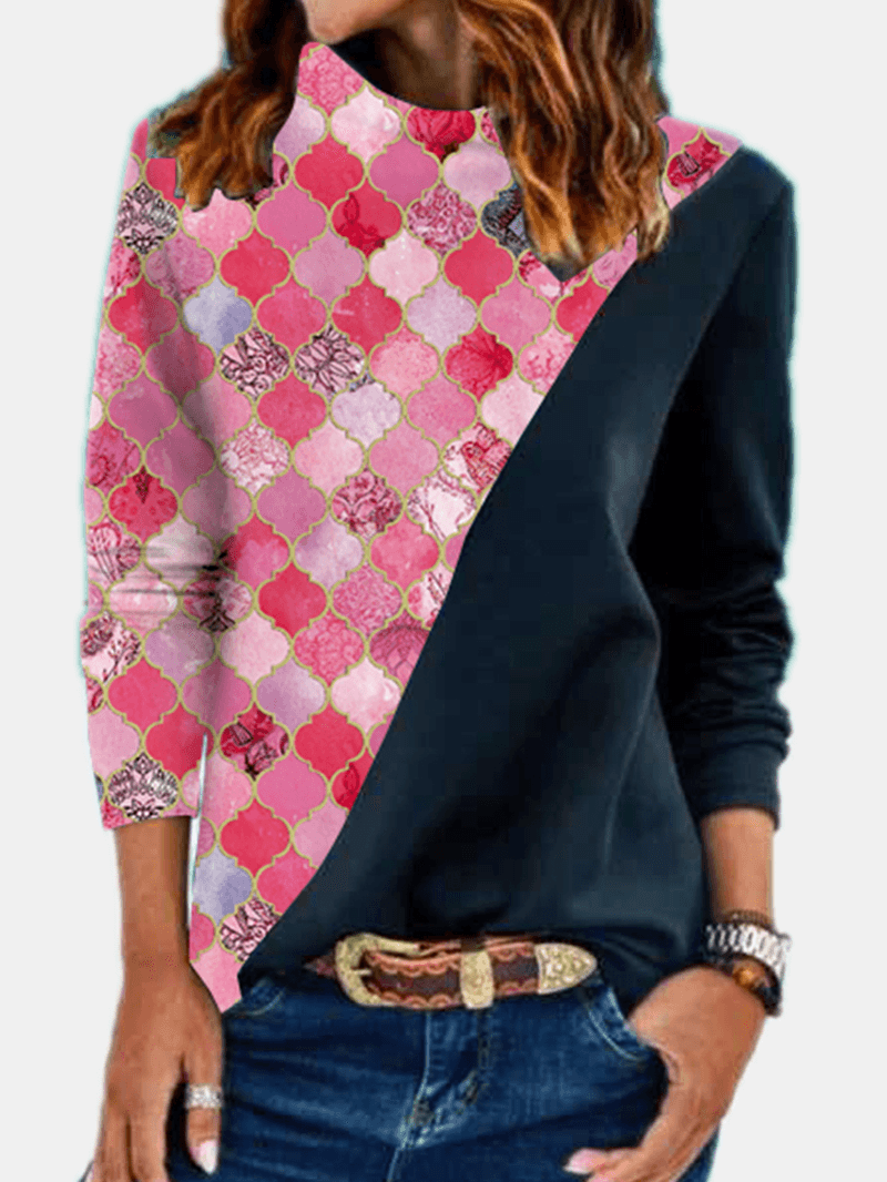 Women Geometry Graphic Patchwork Ethnic Style Heaps Collar Sweatshirts - MRSLM