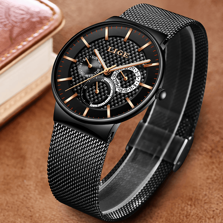 LIGE 9836 Business Casual Men Watch Waterproof Luminous Date Week Display Quartz Watch - MRSLM