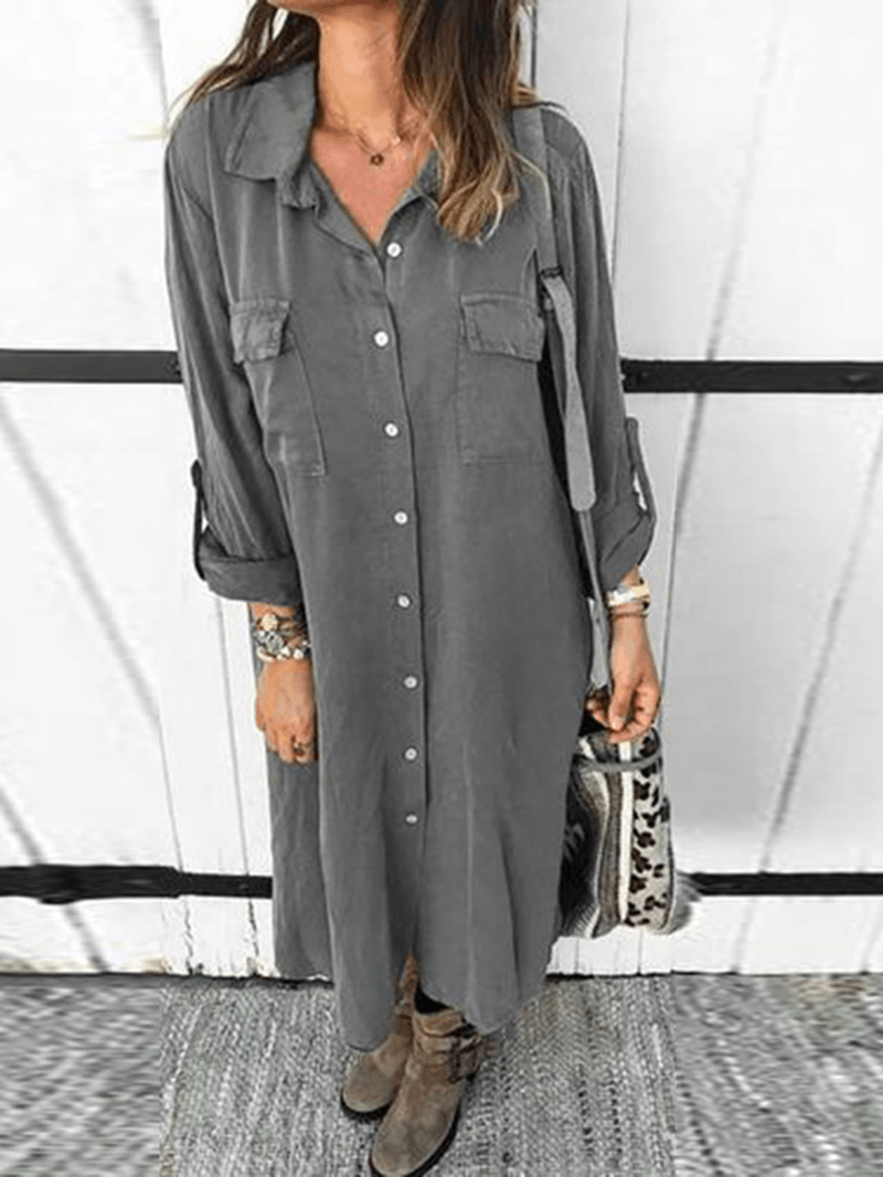 Women Long Adjustable Sleeve Button Turn-Down Collar Long Shirt Dress - MRSLM