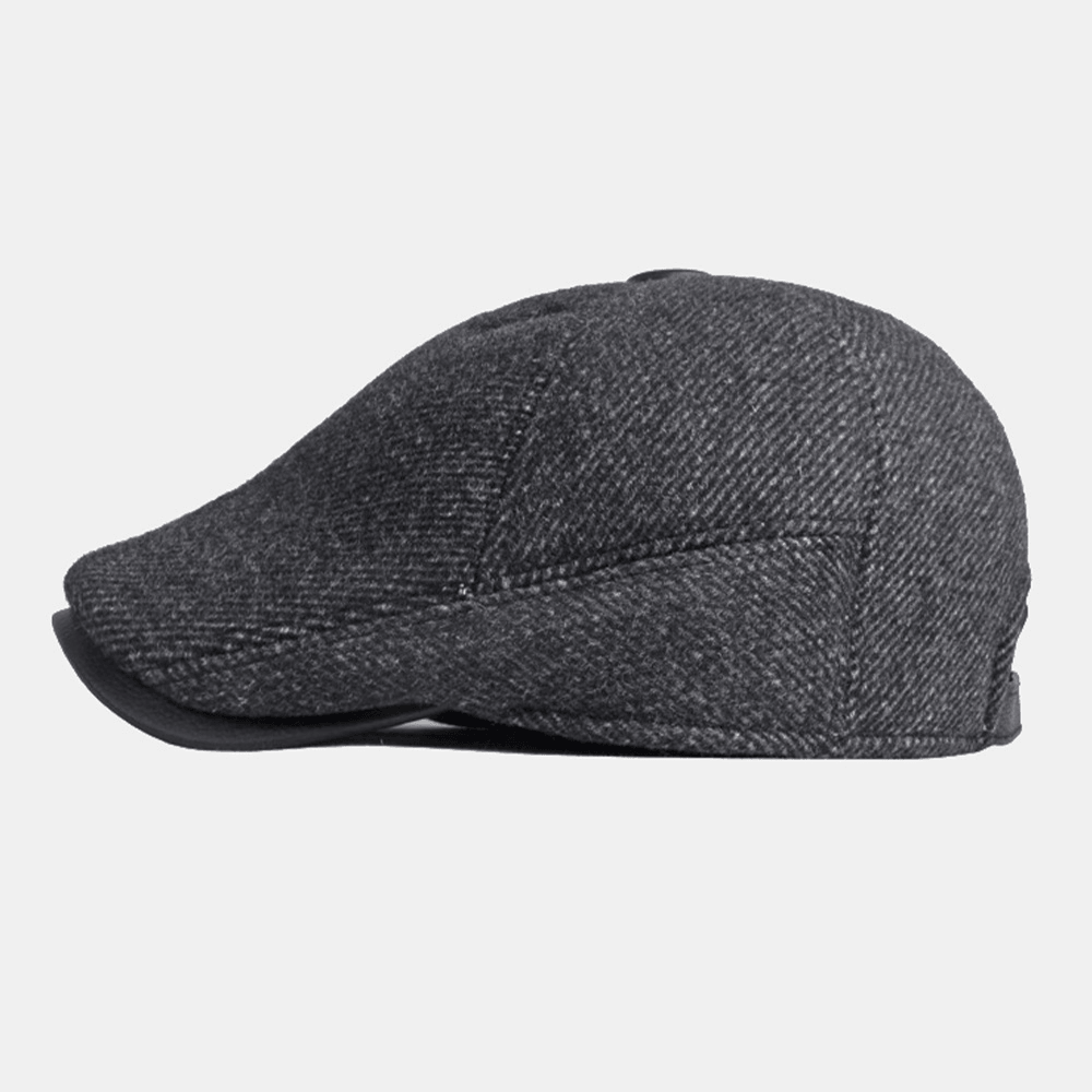 Men Winter Warm Ear Protection Woolen Beret Cap British Retro Short Brim Adjustable Forward Hat Painter Cap - MRSLM