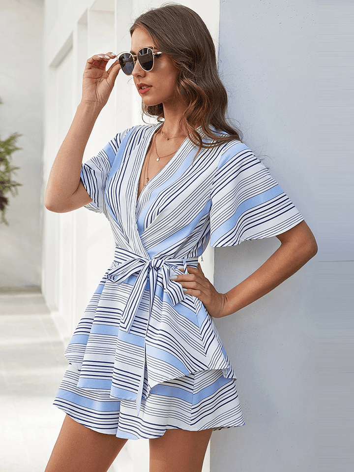 Women Casual Stripe Print V-Neck Backless Short Sleeve Short Jumpsuits - MRSLM