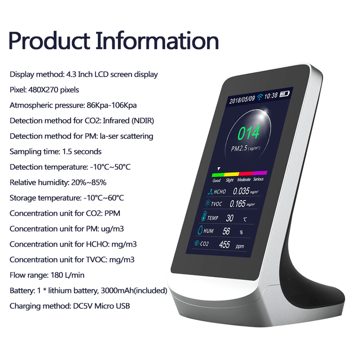 Dm72B-Wifi Air Quality Detector WIFI Infrared Carbon Dioxide CO2 Dust PM2.5 PM1.0 PM10 HCHO TVOC Detectors Instrument Compatible with Tuya - MRSLM