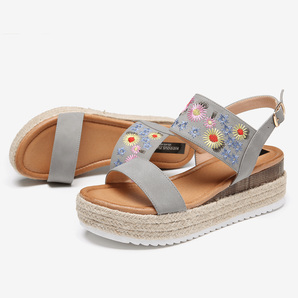 Women Espadrilles Embroidery Flowers Buckle Strap Slingback Platform Sandals - MRSLM