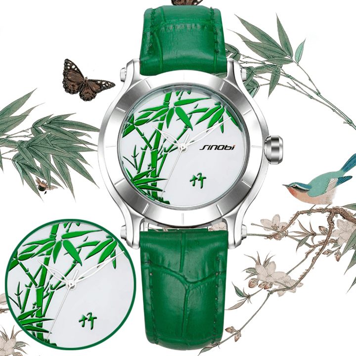 SINOBI 9632 Green Bamboo Women Watches Leather Strap Waterproof Clock Quartz Watch - MRSLM
