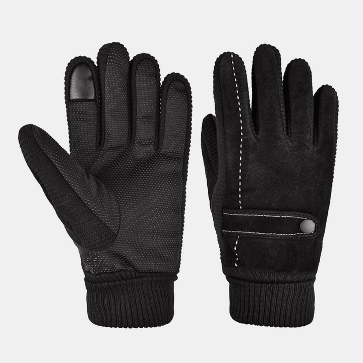 Men Leather plus Velvet Thick Screen Touchable Riding Driving Motorcycle Windproof Keep Warm Full-Finger Gloves - MRSLM