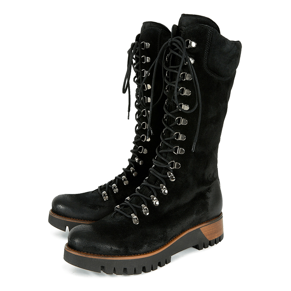 Plus Size Women Wearable Suede Side Zipper Mid Calf Combat Boots - MRSLM