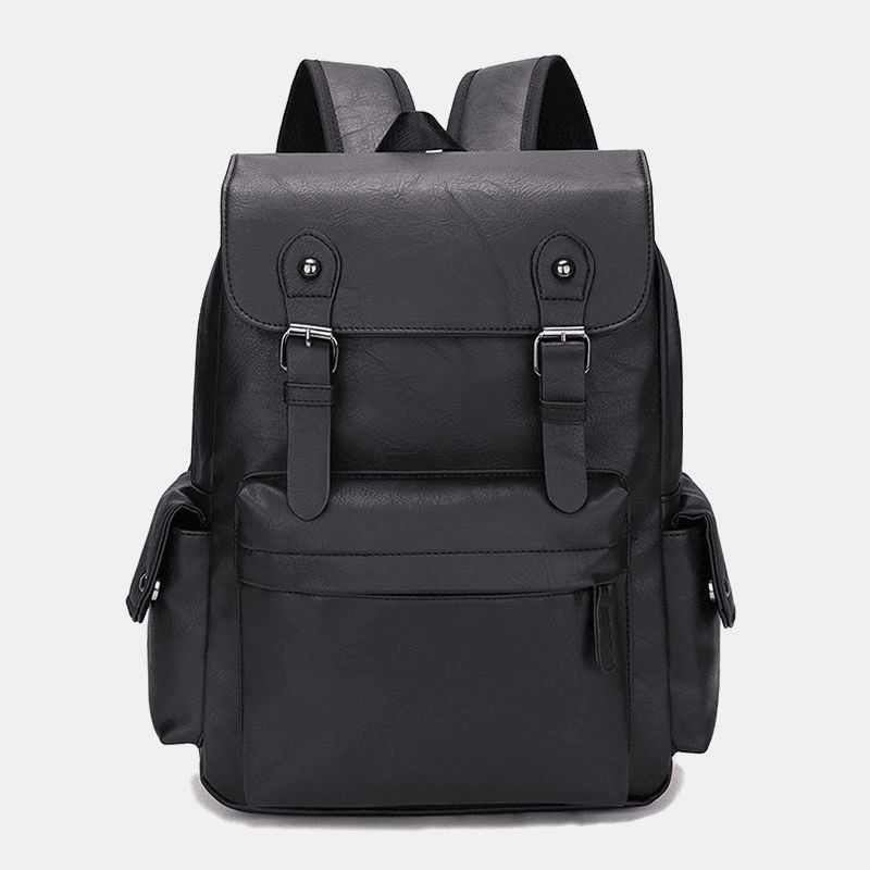 Men Casual Travel Multi-Pocket Large Capacity Backpack Solid Retro Wear-Resistant Waterproof PU Soft Leather 14 Inch Laptop Bag - MRSLM