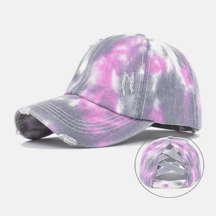 Unisex Colored Tie-Dye Ponytail Baseball Cap Broken Hole Big Brim Breathable Stretch Fit Cap - MRSLM