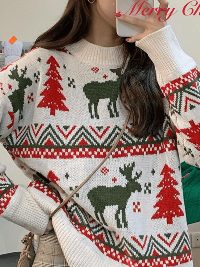 Women Christmas Pattern Print Crew Neck Thick Warm Casual Knitted Sweater - MRSLM