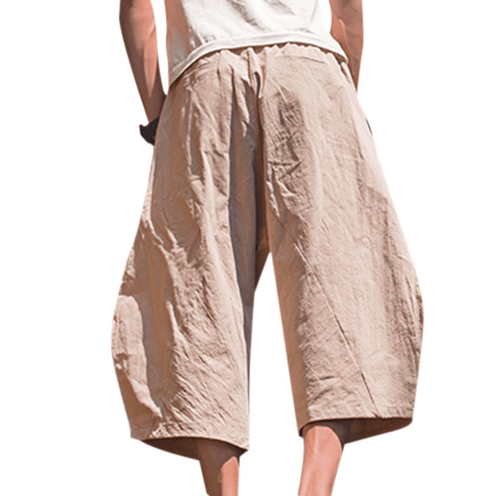 Mens Cotton Linen Loose Casual Calf-Length Harem Pants - MRSLM