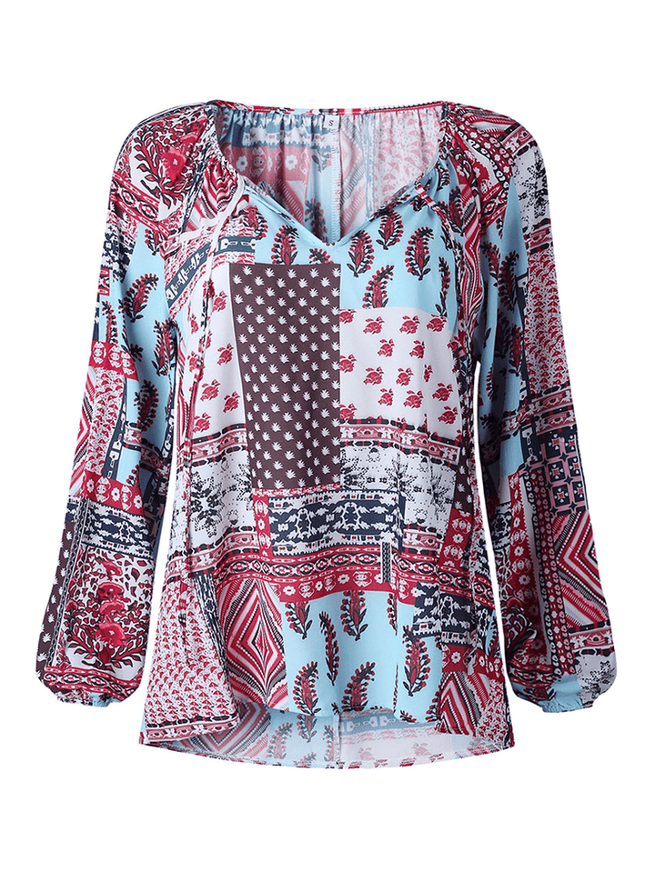 Women V Neck Boho Floral Print Blouse - MRSLM