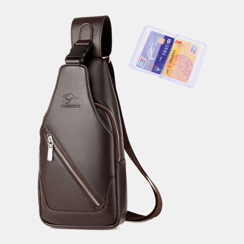 Men PU Leather USB Charging Waterproof Earphone Hole Business Crossbody Bag Chest Bag Sling Bag - MRSLM