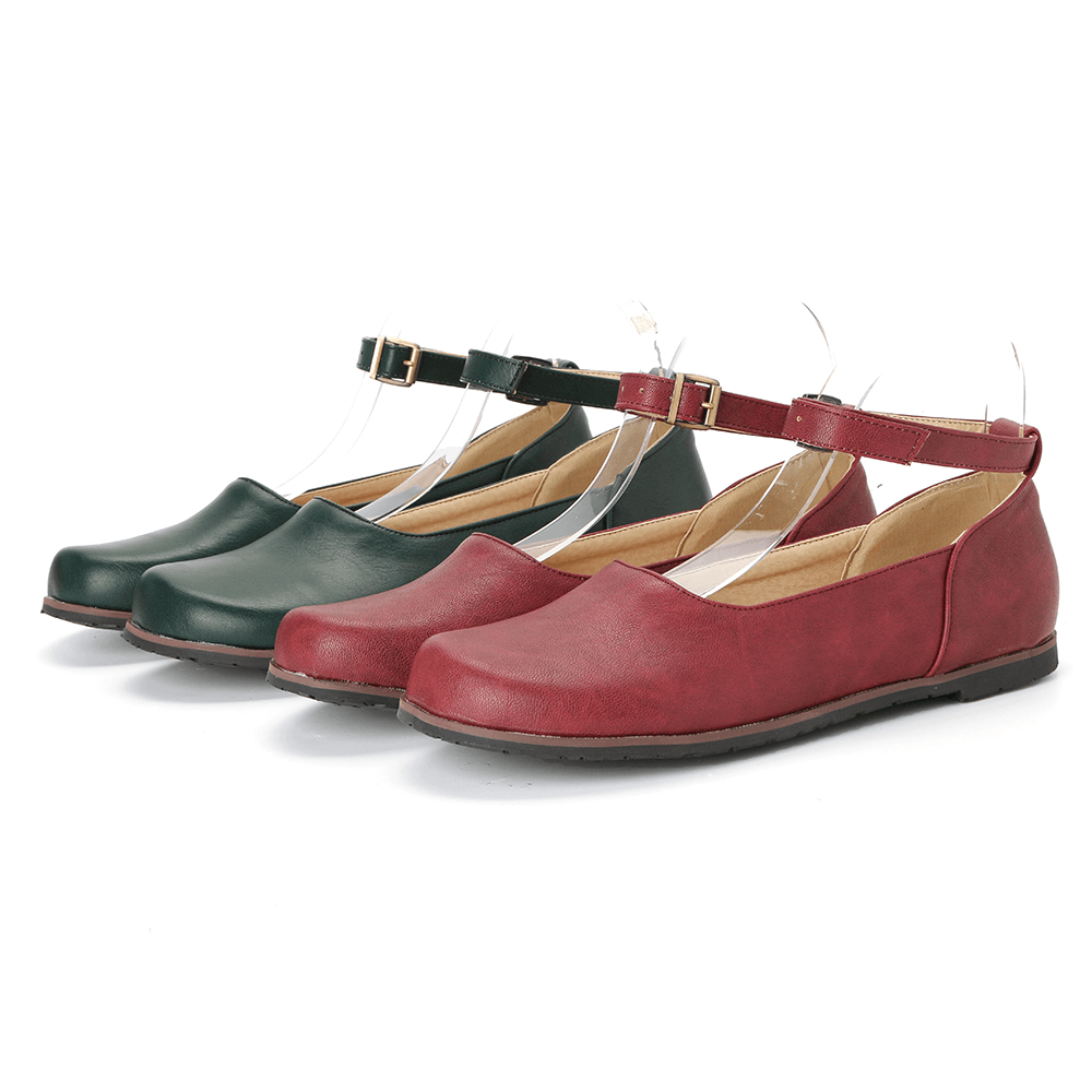 Women Solid Color Casual Ankle Buckle Strap Flat Loafers - MRSLM