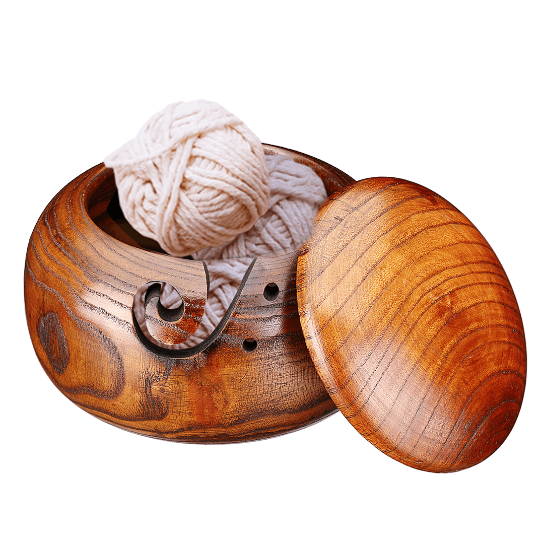 Bamboo Yarn Bowl Holder with Lid Wooden Skeins Knitting Crochet Thread Box Storage Baskets - MRSLM