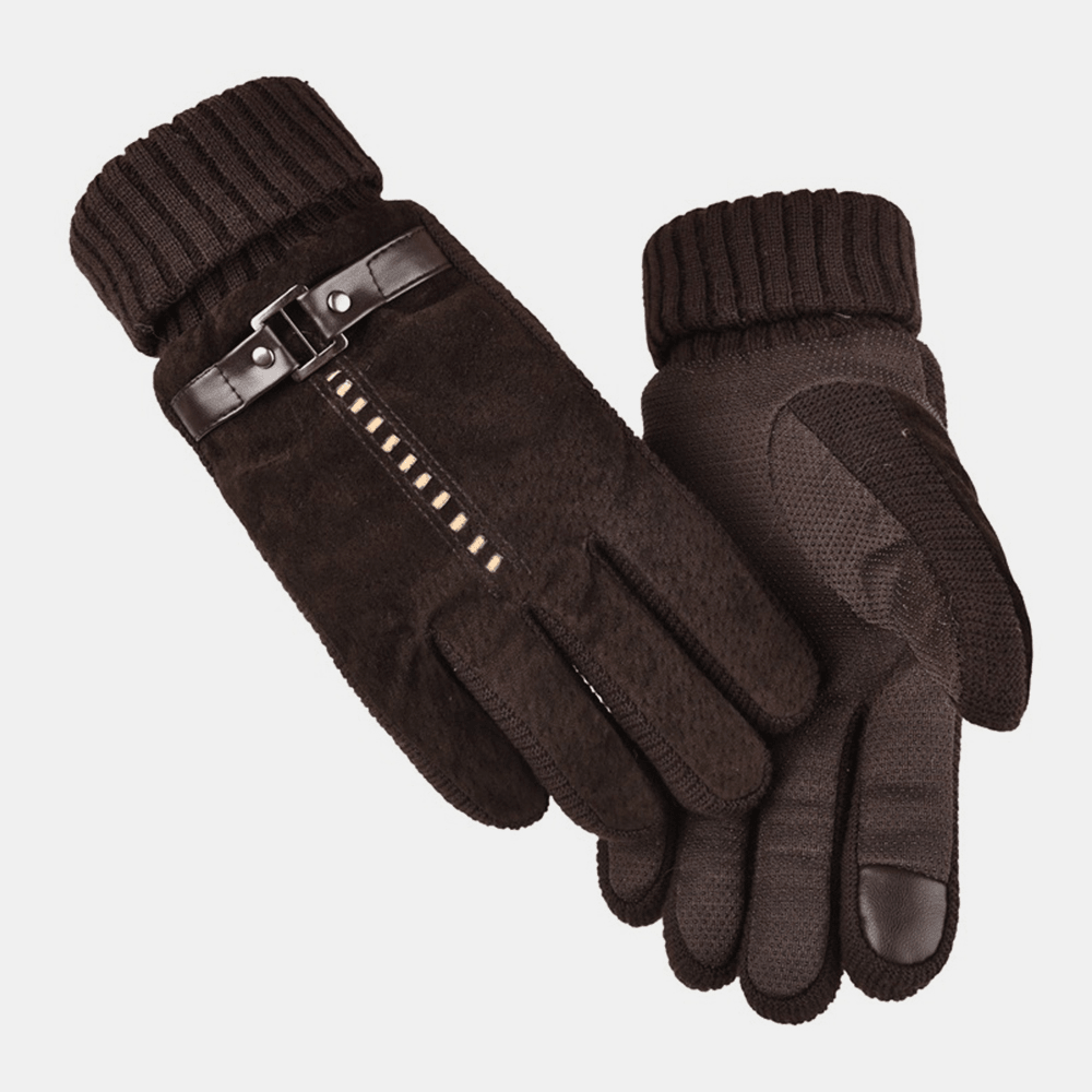 Men Leather plus Velvet Thick Screen Touchable Riding Driving Motorcycle Windproof Keep Warm Full-Finger Gloves - MRSLM