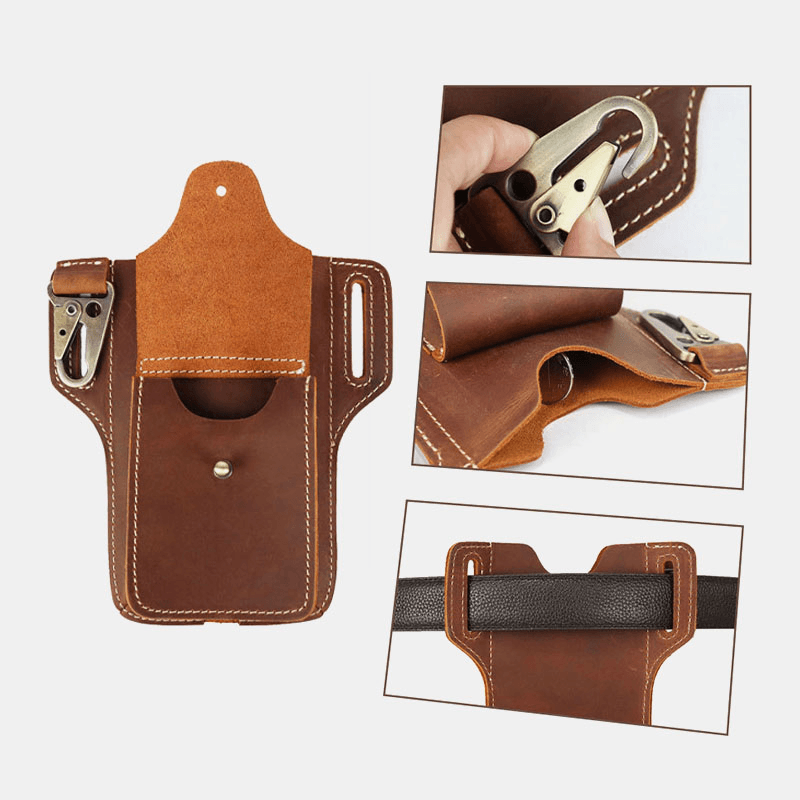 Men Genuine Leather Multifunction Keychain Sport Waist Bag Retro 6.5 Inch Phone Bag Waterproof Belt Bag - MRSLM