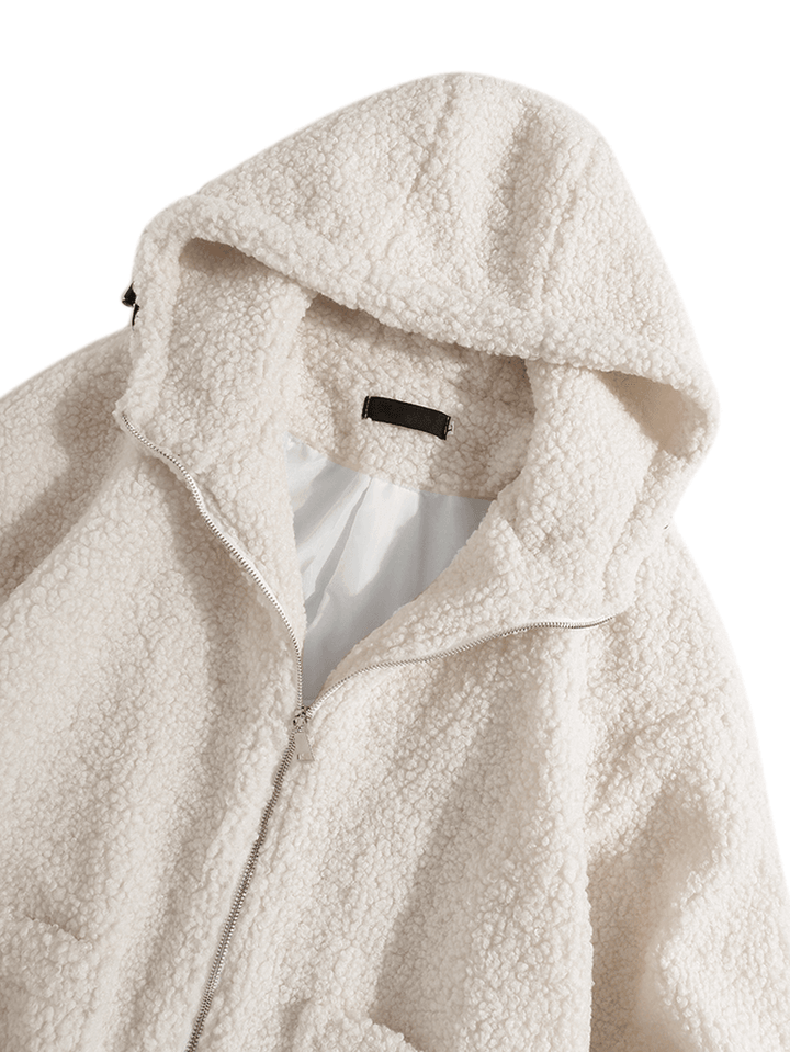 Mens Simple Solid Color Zipper Drawstring Hem Faux Fur Hooded Jacket - MRSLM