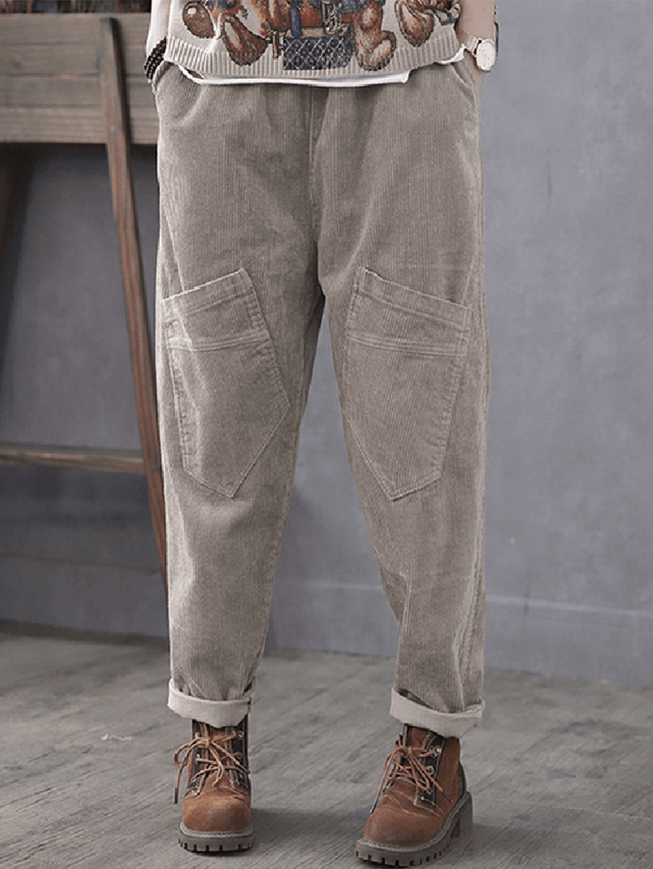 Women Corduroy Cargo Style Elastic Waist Pants with Multi Pocket - MRSLM