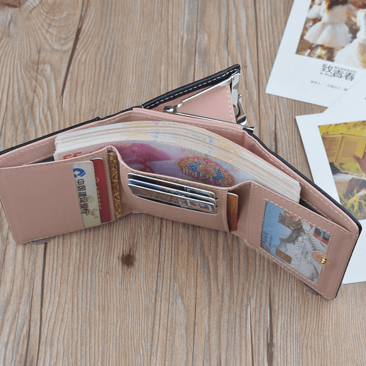 Women PU Leather Floral Clutch Short Solid Buckle Ladies Wallet Mini Portable Credit Card Purse - MRSLM