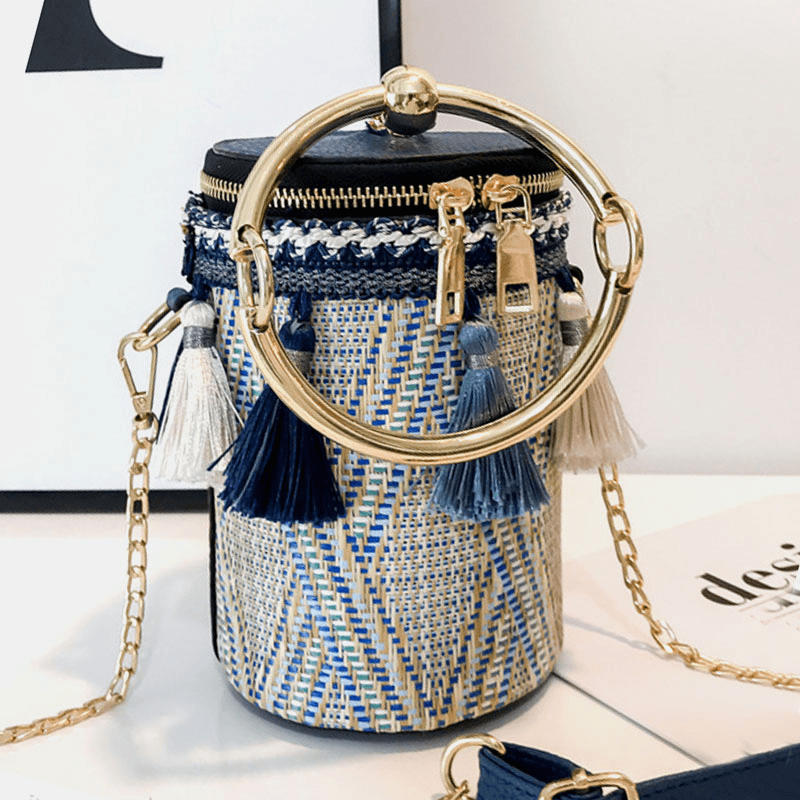 Women Summer Tassel Chains Straw Handbag Crossbody Bag Shoulder Bag - MRSLM