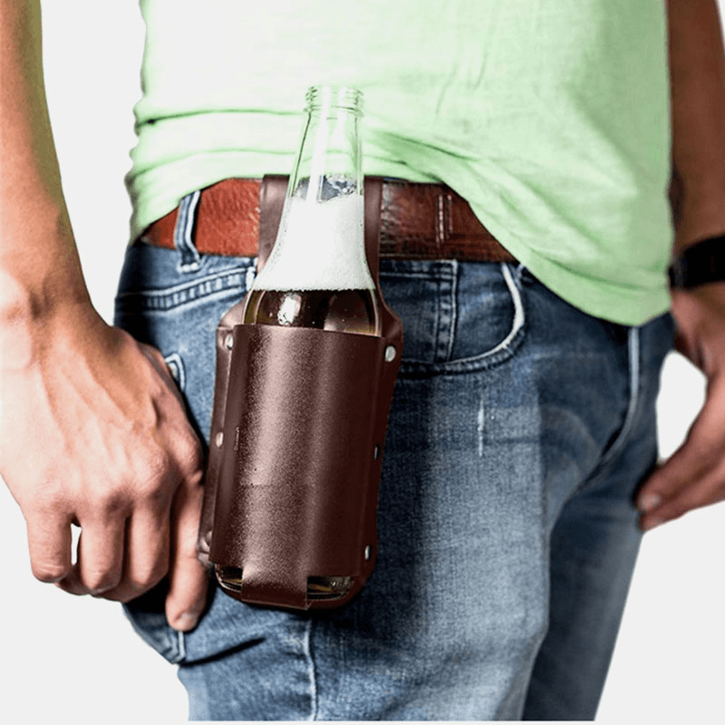 Men Vintage Faux Leather Waist Bottle Bag Carry Bag Fanny Pack with Water Bottle Holder - MRSLM