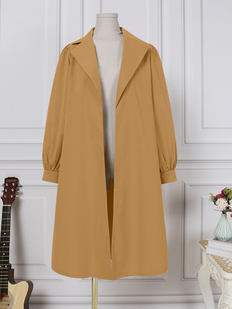 Women Puff Sleeve Solid Color Side Pockets Lapel Collar Full Sleeve Calf Length Cardigan - MRSLM