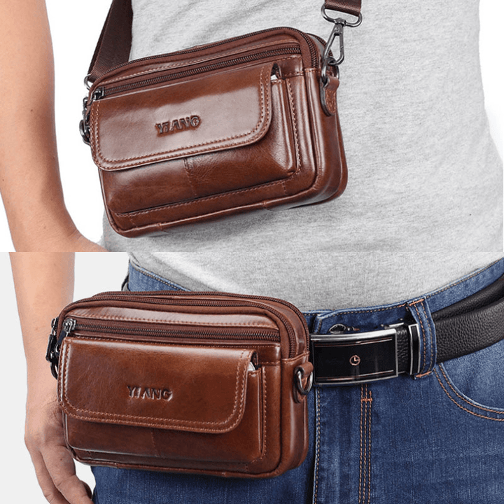 Men Genuine Leather Multifunctional Crossbody Bag Waist Bag Belt Bag - MRSLM