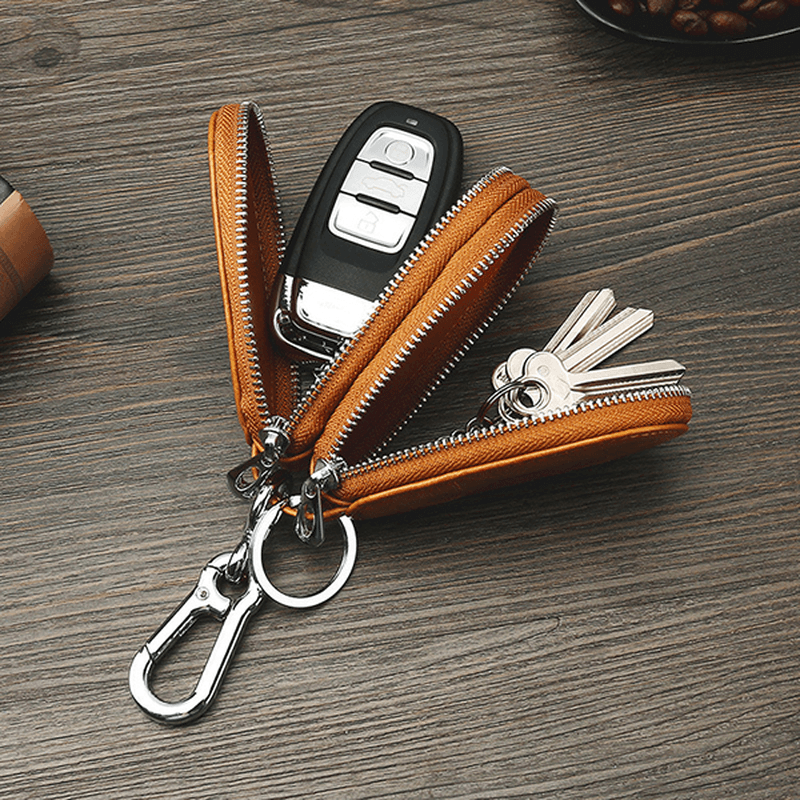 Men Genuine Leather Minimalist Wallet Double Zipper Car Key Case Key Holder - MRSLM