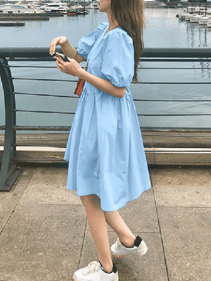 Women Solid Color Puff Sleeve V-Neck Pleats Plain Daily Casual Midi Dress - MRSLM