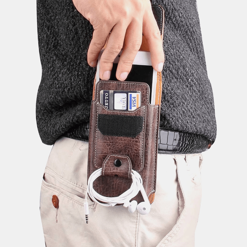 Men Multifunction Earphone Storage Belt Bag Vintage Faux Leather Phone Bag Waist Bag - MRSLM