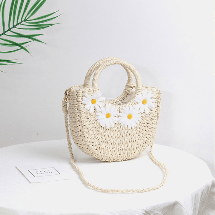 Women Daisy Travel Summer Beach Straw Handbag Crossbody Bag Shoulder Bag - MRSLM