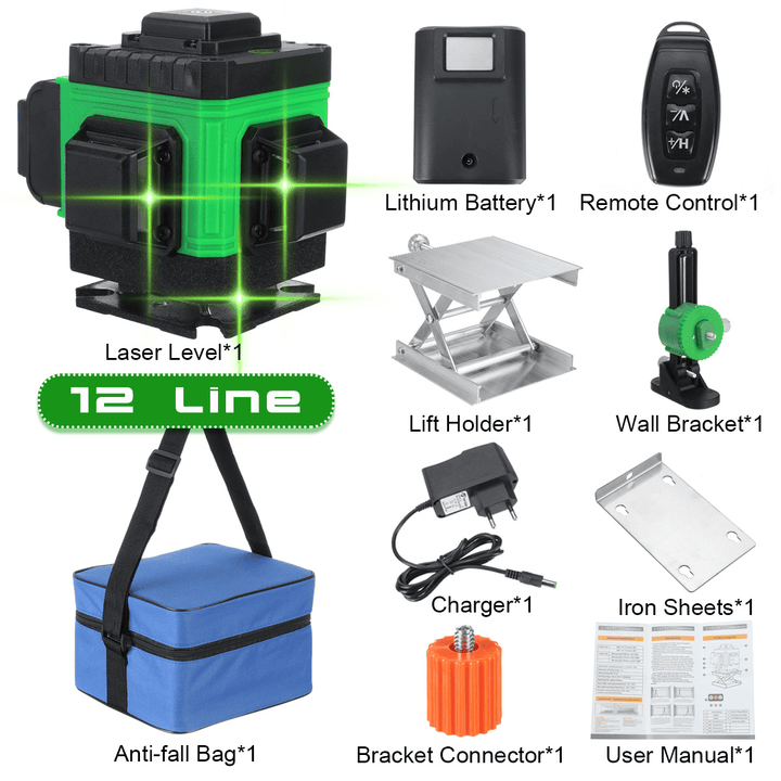 16/12/8 Line 4D 360° Horizontal Vertical Cross Green Light Laser Level Self-Leveling Measure Super Powerful Laser Beam - MRSLM