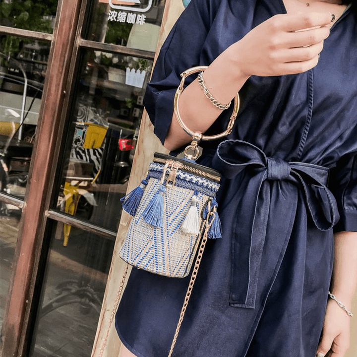 Women Summer Tassel Chains Straw Handbag Crossbody Bag Shoulder Bag - MRSLM