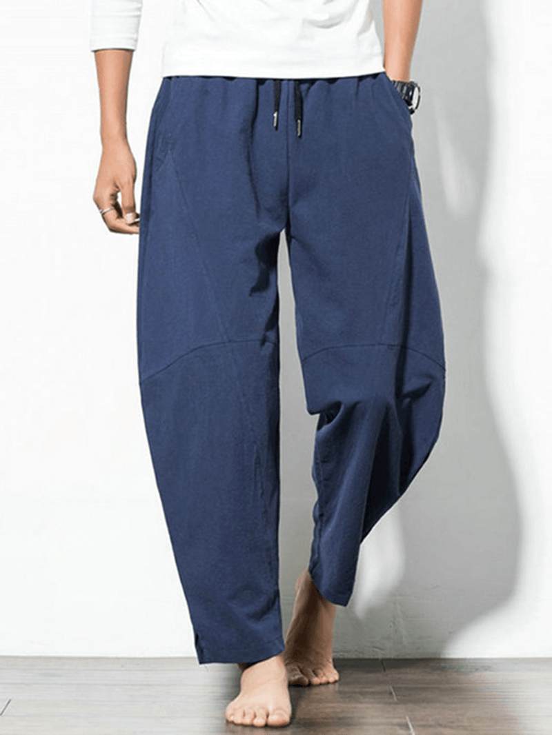 Men'S Loose Wide Leg Pants Solid Color Casual Baggy Breathable Cotton Harem Pants - MRSLM