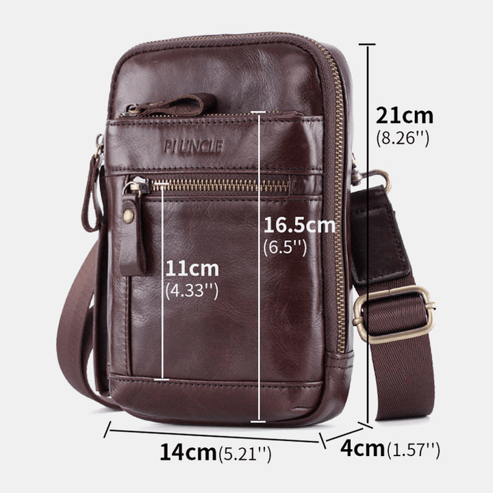 Men Genuine Leather Multi-Layer Crossbody Bag Waist Belt Bag Shoulder Bag Phone Bag - MRSLM